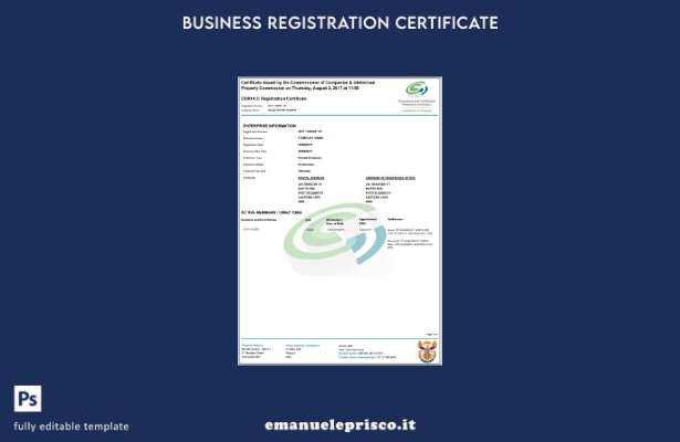 modello di certificato di registrazione del Sud Africa in stile verificato 1